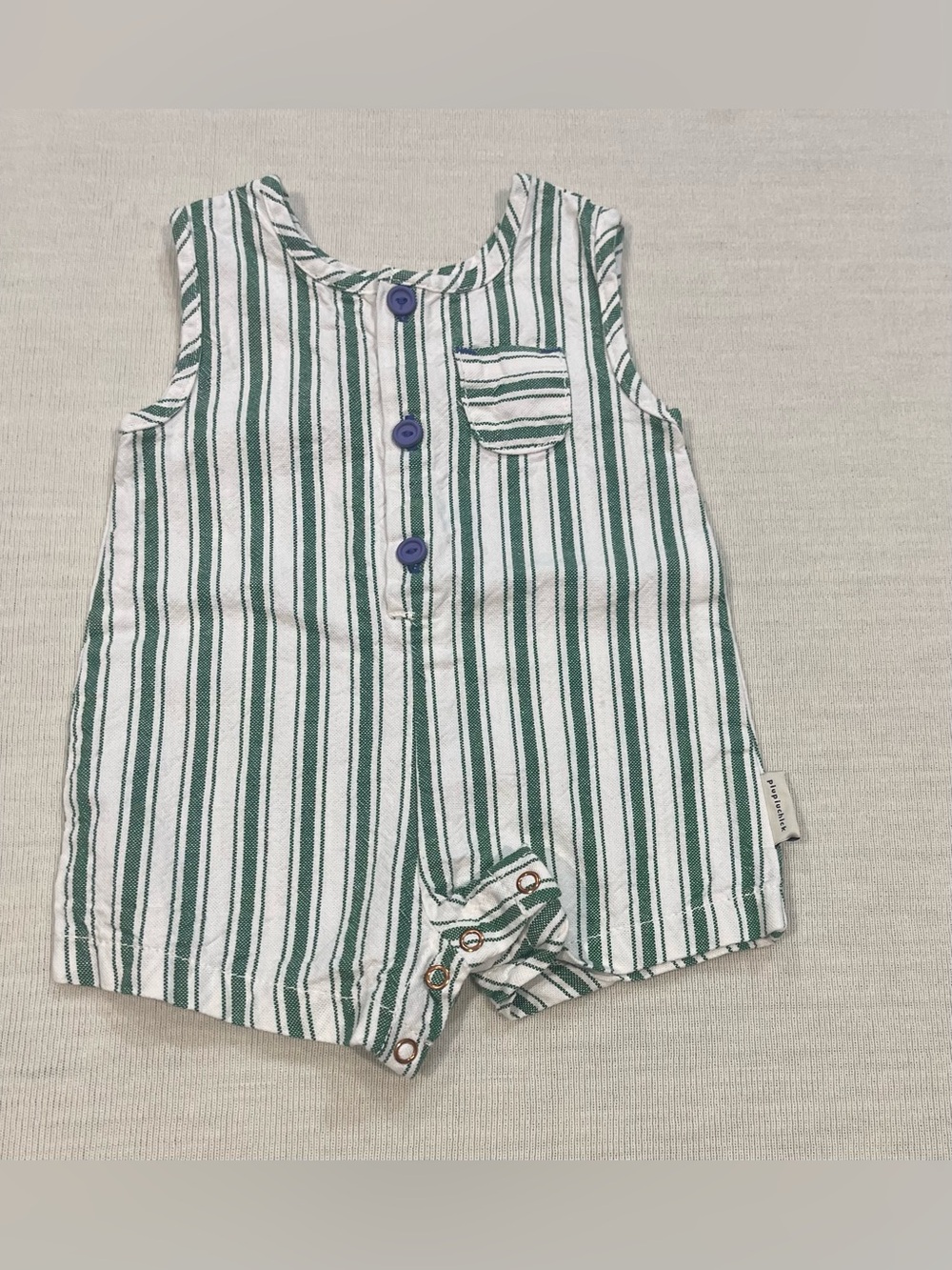 Piupiuchick Green & White Striped Baby Romper with Apple Graphic Size 6 Months